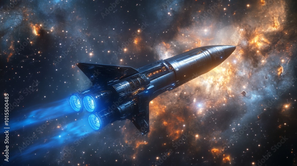 Poster a spaceship travels through a dark starry sky. the ship is angled with the nose pointing up and to t