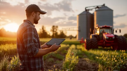 A farmer stands in a vibrant field at sunrise, programming a high-tech tractor with a tablet. Large silos and automated equipment are visible, highlighting modern agriculture