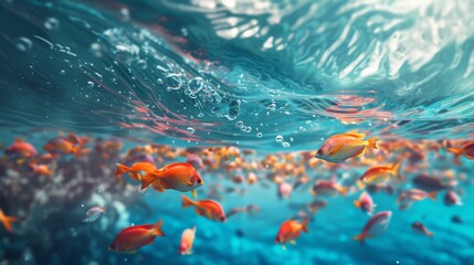 Fototapeta na wymiar A vibrant school of orange fish swims in crystal-clear waters, illuminated by sunlight filtering through the surface. The scene captures the beauty of marine life, evoking feelings of serenity and