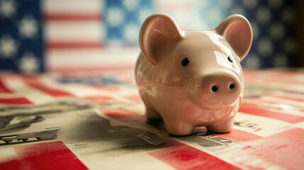 the conceptual illustration of the american saving  : money quarter coins collection in the pink piggy bank on the american flags