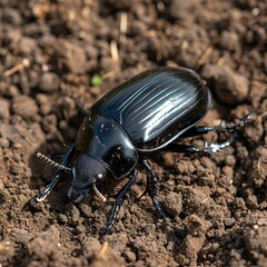 In a vibrant garden, a shiny black beetle scuttles across the rich, dark soil, showcasing its intricate features under the warm sunlight, bringing life to the garden's natural ecosystem.