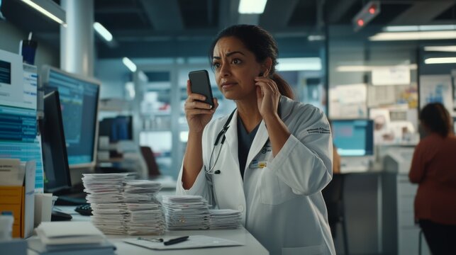 A doctor in a white lab coat talks on a smartphone and gestures at a stack of medical invoices, surrounded by a well-lit, modern office with patient records on a screen