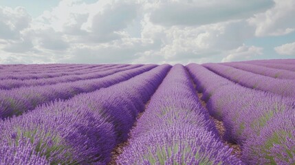 Obraz premium A field of blooming lavender, with long rows of purple flowers swaying gently in the breeze under a partly cloudy sky.