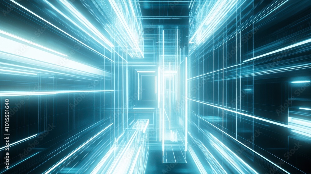 Poster a futuristic composition of glowing lines in cyan and white, forming a 3d grid that seems to extend 