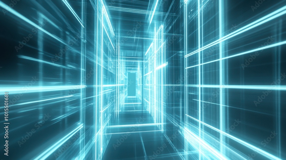 Poster a futuristic composition of glowing lines in cyan and white, forming a 3d grid that seems to extend 