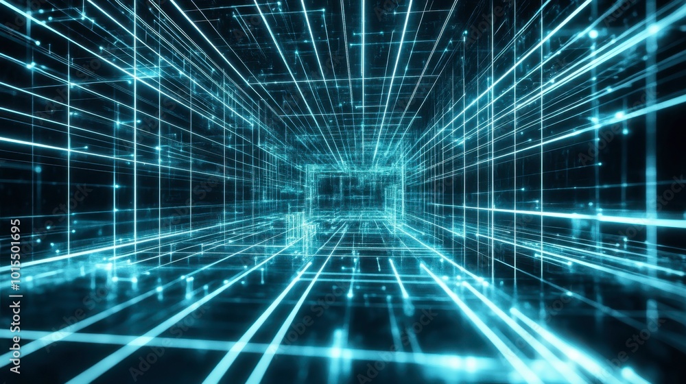 Poster a futuristic composition of glowing lines in cyan and white, forming a 3d grid that seems to extend 