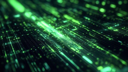 A futuristic design of glowing green lines forming a grid, representing technology, data, or digital communication.