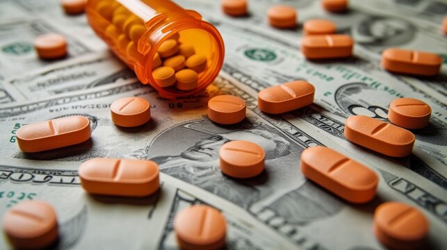 Pills and cash representing the rising costs of prescription medications healthcare expenses and the impact on patients' financial well-being in America