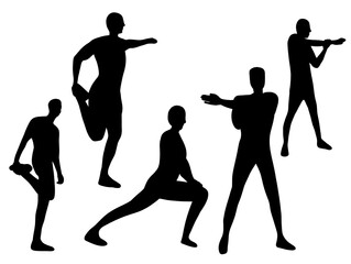 Silhouette sport person. Warming up exercise silhouettes. Stretching before sport. Fit person workout silhouettes. Set of sport stretch fit Silhouette illustration. 