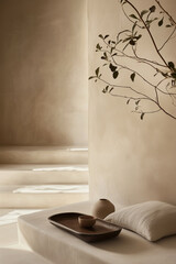 A minimalist beige interior with natural textures, soft light, with stone steps in the background. A wooden tray with ceramics placed on a platform against a textured wall with a tree branch in view.