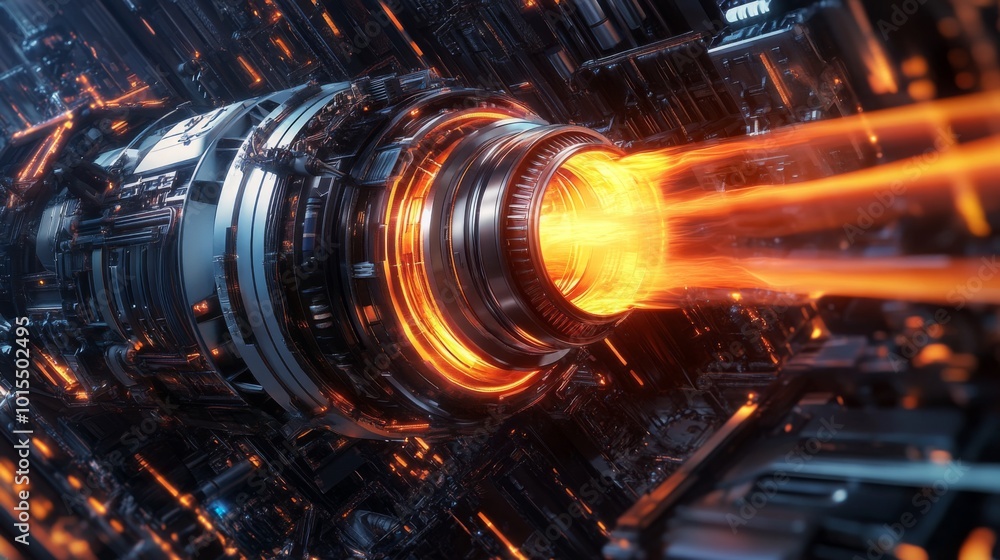 Poster a vibrant energy core emits bright orange beams within a complex high-tech setting