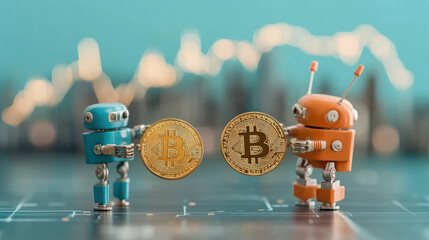 Miniature robots exchanging tiny bitcoins, futuristic cityscape in the background, miniature bitcoin trading, automated cryptocurrency exchange