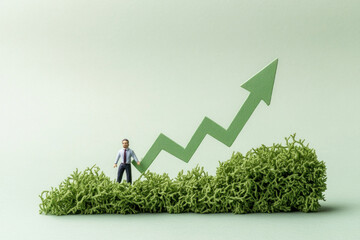 Miniature businessman standing at the peak of a rising graph arrow, miniature businessman achievement, representing business success and milestones