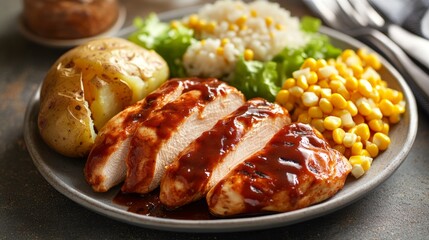 Wholesome Low-Calorie BBQ Chicken Dinner with Baked Potato Sweetcorn and Fresh Side Salad for Healthy Eating and Weight Loss Goals