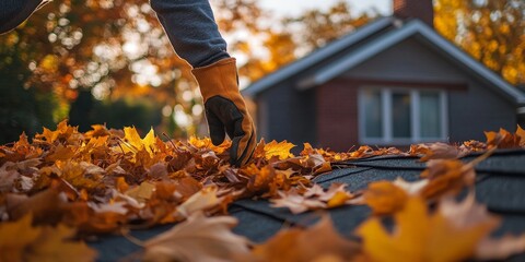 Autumn roof maintenance: hand clearing leaves from gutter in fall