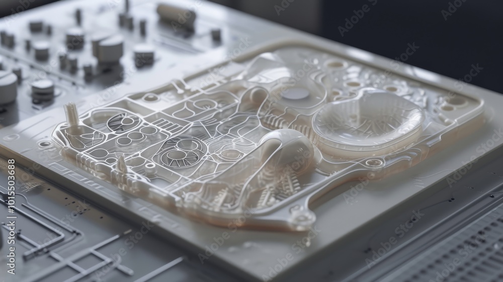 Poster transparent plastic mold displaying intricate designs sits on a high-tech industrial surface. the co