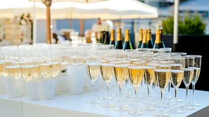 Elegant Welcome Drink Station Featuring Champagne in Eco-Friendly Disposable Cups for Corporate Events and Weddings Sunlit Ambiance and Catering Delight
