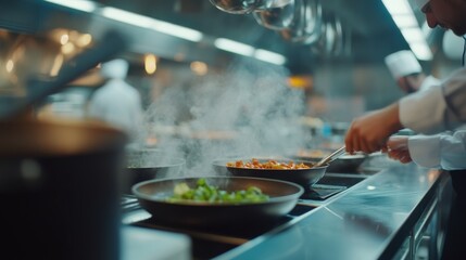 In a lively restaurant kitchen, chefs coordinate seamlessly, handling multiple dishes with precision as steam rises and ingredients come together in harmony
