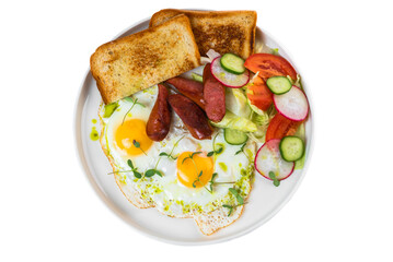 Healthy english breakfast with fried eggs, sausages, toasts and salad in white plate on white background