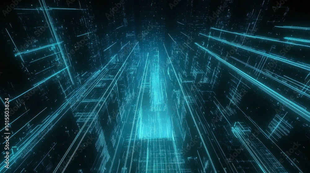 Poster a grid of glowing cyan lines with light particles, resembling a futuristic cityscape from a top-down