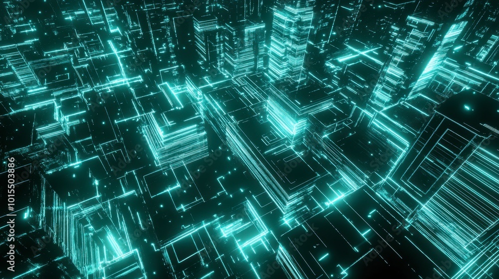 Poster a grid of glowing cyan lines with light particles, resembling a futuristic cityscape from a top-down