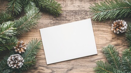 Festive flat lay of a blank Christmas card on rustic wooden surface highlighting holiday themes seasonal greetings and creative card-making ideas