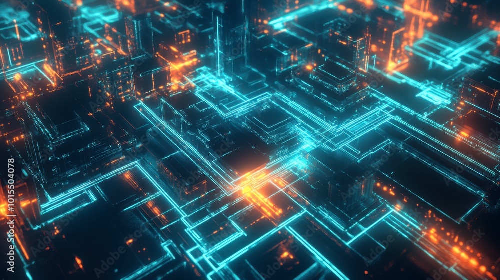 Poster a grid of glowing cyan lines with light particles, resembling a futuristic cityscape from a top-down