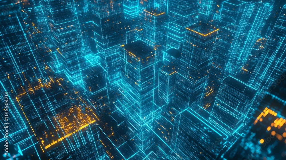 Poster a grid of glowing cyan lines with light particles, resembling a futuristic cityscape from a top-down