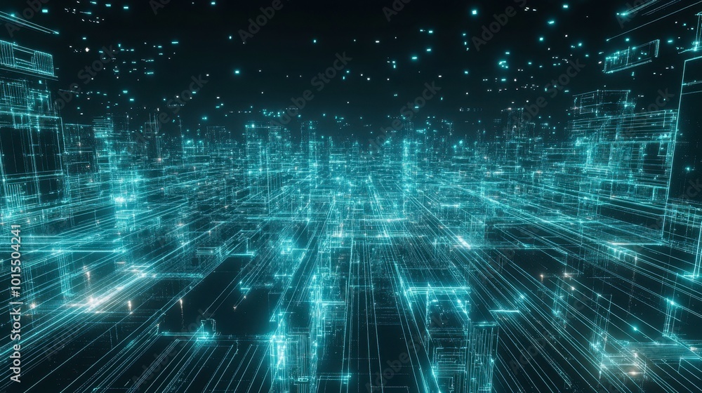 Poster a grid of glowing cyan lines with light particles, resembling a futuristic cityscape from a top-down
