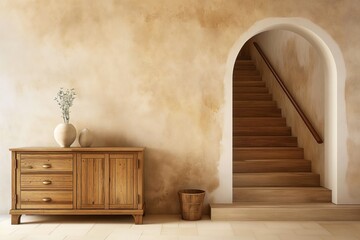 Wooden cabinet with drawers, vase stands near venetian stucco wall with arched doorway in Mediterranean style entrance hall. Wooden staircase ascends to wooden door with white frame. Beige tiles