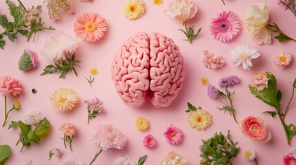 Fototapeta premium Blossoming Mindfulness: Vibrant Flowers Embracing the Human Brain for Positive Thinking Spring Awakening and Mental Well-being in a Gentle Pastel Setting