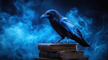 Fototapeta premium raven perched on ancient books amidst swirling blue smoke, creating an enchanting atmosphere.
