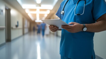 A doctor in blue scrubs examines patient records on a tablet while standing in a bright hospital hallway, showcasing a focused and professional approach to care
