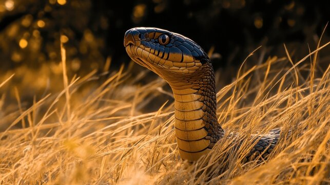 A king cobra slithering through tall grass, its head elevated as it scans the surroundings in a hunting posture.
