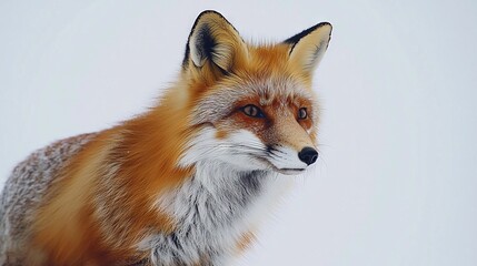   Close-up of fox's face amidst snow on ground & white sky backdrop