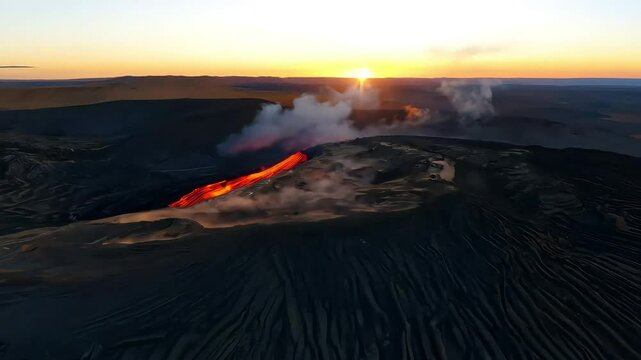 cinematic drone view Erta Ale volcano Danakil Depression active lava smoking craters sunset famous adventure travel destination offers breathtaking footage one nature&rsquo;s most aweinspiring