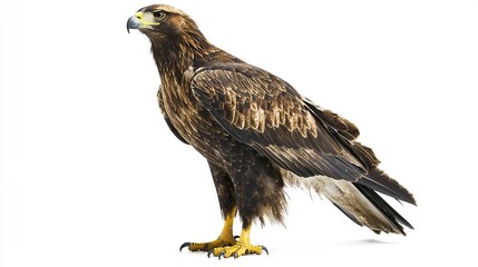 Fototapeta premium A close-up of a majestic bird of prey perched atop a stark white background, its black and brown feathers blending harmoniously with the stark contrast