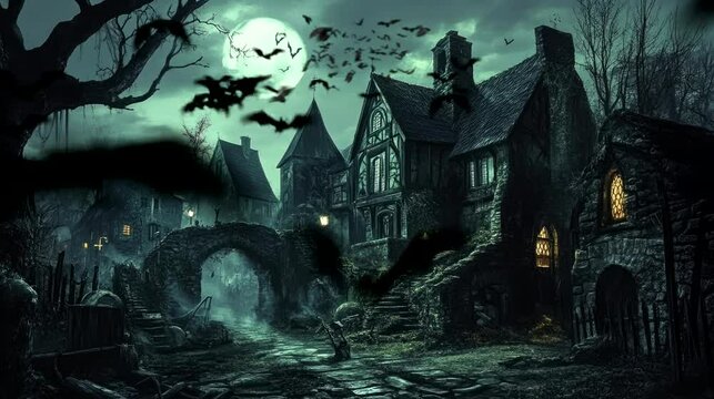 a spooky and terrifying village with flying bats. Seamless looping time-lapse virtual 4k video animation background