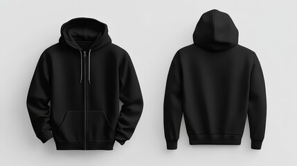 Black zip-up hoodie mockup. Zipper hoodie. Front and back hoodie template