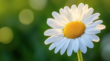 A macro shot of a daisy in spring, highlighting its white petals and bright yellow center against a blurred green background.