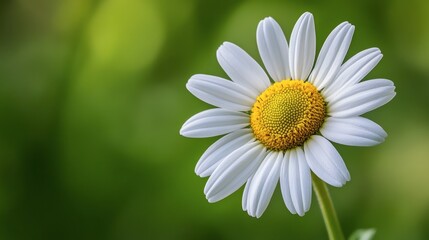 Obraz premium A macro shot of a daisy in spring, highlighting its white petals and bright yellow center against a blurred green background.