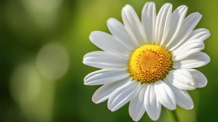 Obraz premium A macro shot of a daisy in spring, highlighting its white petals and bright yellow center against a blurred green background.