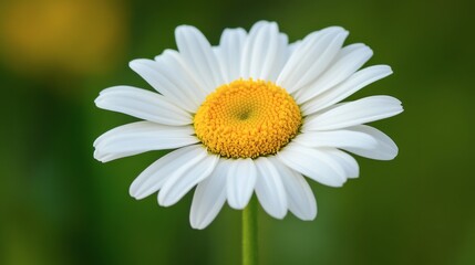 Fototapeta premium A macro shot of a daisy in spring, highlighting its white petals and bright yellow center against a blurred green background.