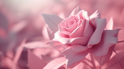 A beautiful close-up of a pink rose bathed in soft sunlight, highlighting its intricate petals. The pastel hues and gentle light create a romantic and dreamy mood, perfect for nature or floral themes.
