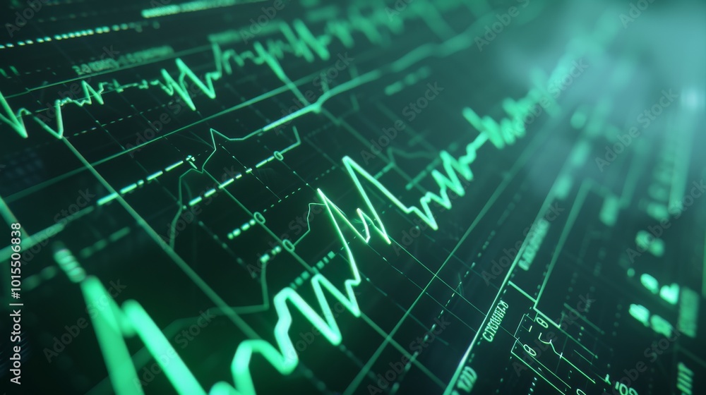 Poster a futuristic digital display showing a green heart rate graph against a dark background. the ecg-sty