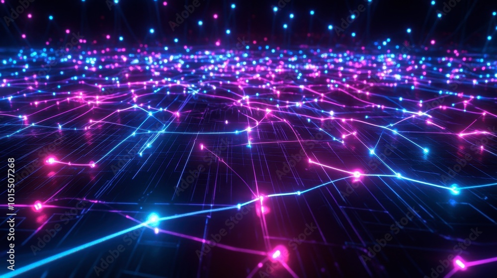 Poster a network of glowing lines in neon colors, forming a digital grid pattern against a black background