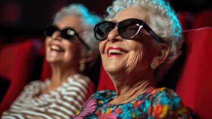 Obraz premium two older senior lady in their 70's are enjoying the theatre performance 