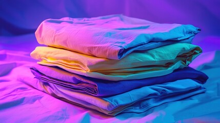  A bed with a pile of pillows in front of a lit purple and blue room