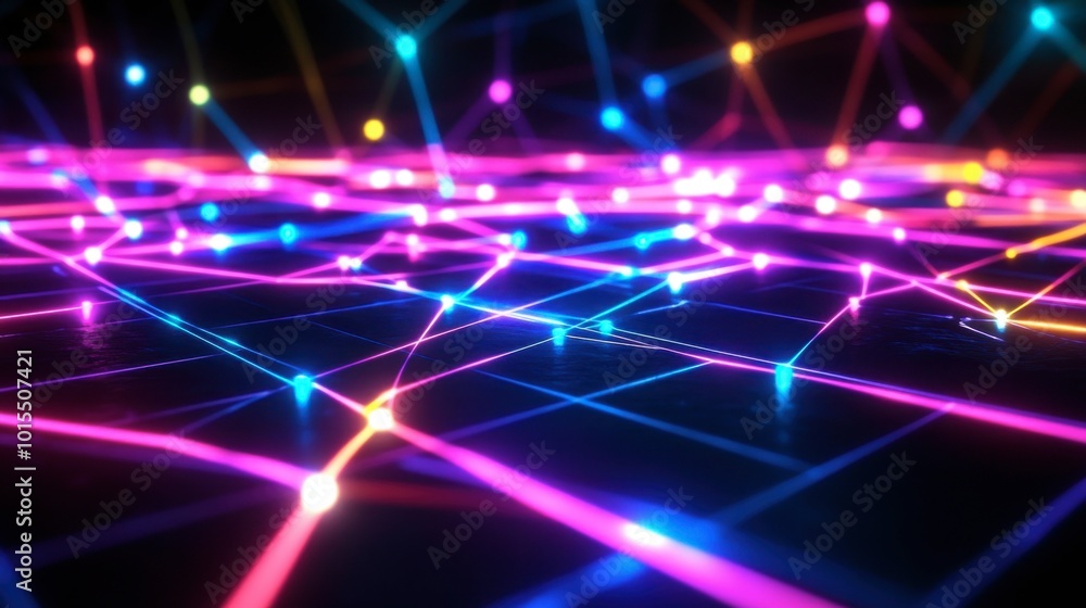 Poster a network of glowing lines in neon colors, forming a digital grid pattern against a black background
