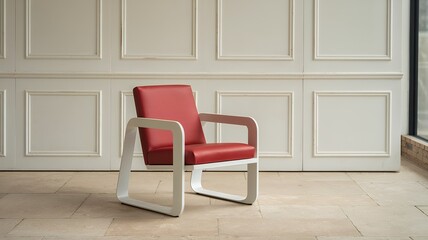Chair in empty room interior against white classic wall panels. Modern armchair and studio design 3d illustration.